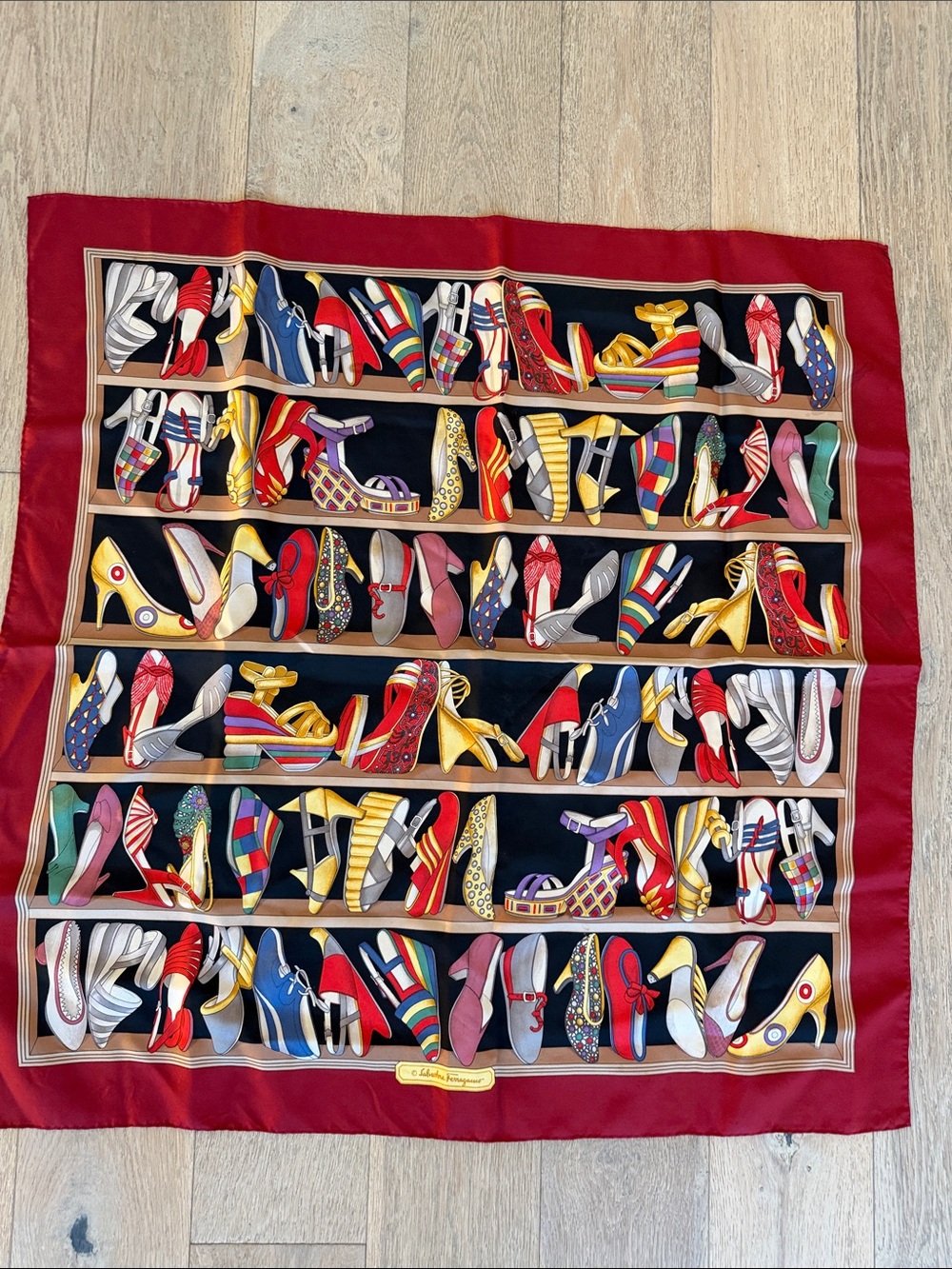 Salvatore Ferragamo Red Multi Shoe-Print Silk Scarf